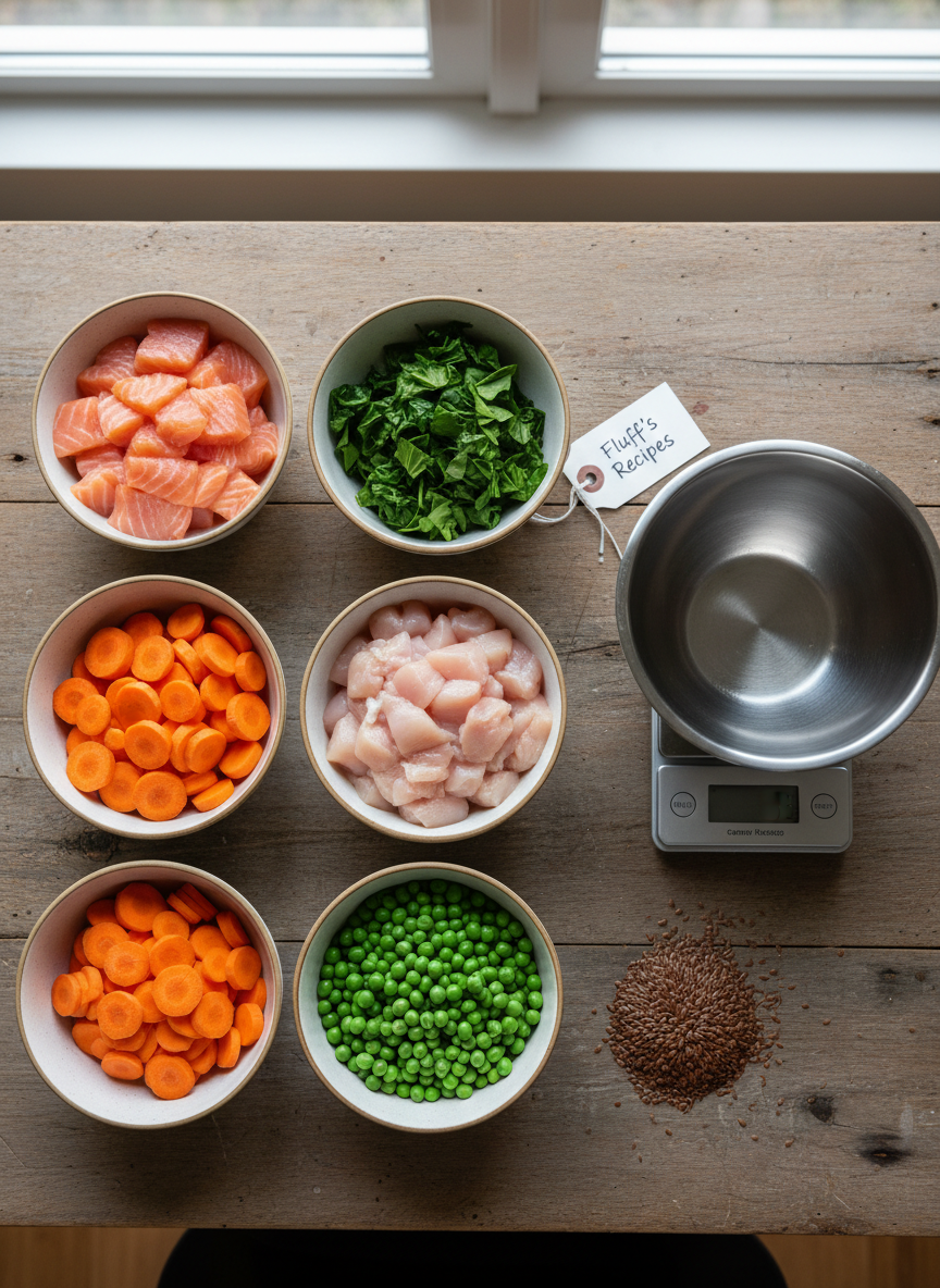 An overhead shot of a rustic-style wooden table laid out for meal prep, featuring neatly arranged bowls of raw, farm-fresh ingredients used in Fluff’s recipes: cubed salmon, diced chicken breast, chopped spinach, sliced carrots, peas, and small heaps of flaxseed. A digital kitchen scale and a stainless-steel mixing bowl sit nearby, suggesting precise formulation. Soft, diffused daylight from a large nearby window bathes the ingredients, enhancing their natural colors without harsh reflections. The mood is meticulous and trustworthy, emphasizing transparency and quality. Photographic realism with a flat-lay composition and sharp focus throughout delivers a professional, behind-the-scenes look at how wholesome dog meals are crafted.