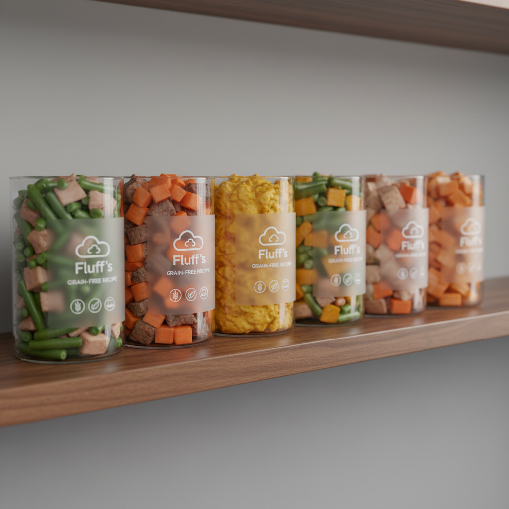 A row of transparent, matte-labeled containers displaying different Fluff’s grain-free recipes on a sleek, dark wood shelf. Each container reveals distinct ingredients: vibrant green beans, diced orange carrots, tender chunks of turkey and beef, and fluffy mashed pumpkin. A small, subtle Fluff’s logo appears on each label with simple icons indicating “grain-free,” “fresh,” and “balanced.” Soft, even studio lighting from the front and slightly above eliminates harsh shadows, making colors appear rich yet natural. The background fades into a gentle, neutral gray blur. Photographic realism with a professional, catalog-style composition, shot at eye level with a slight angle, creates an organized, premium, science-backed feel.
