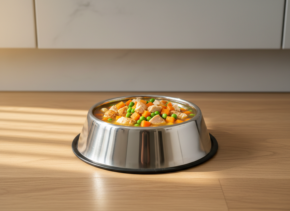 A gleaming stainless-steel dog bowl filled with colorful, grain-free, farm-fresh dog food, showcasing visible chunks of real chicken, carrots, peas, and sweet potato in a light broth. The bowl sits centered on a smooth, pale oak kitchen floor near a modern matte-white cabinet baseboard. Soft morning sunlight pours in from an unseen window to the left, creating gentle highlights on the metal rim and subtle reflections in the broth. The background is softly blurred, hinting at a tidy, upscale kitchen. Shot at a slightly elevated, eye-level angle with shallow depth of field, photographic realism, and a clean, professional aesthetic that feels fresh, wholesome, and inviting.