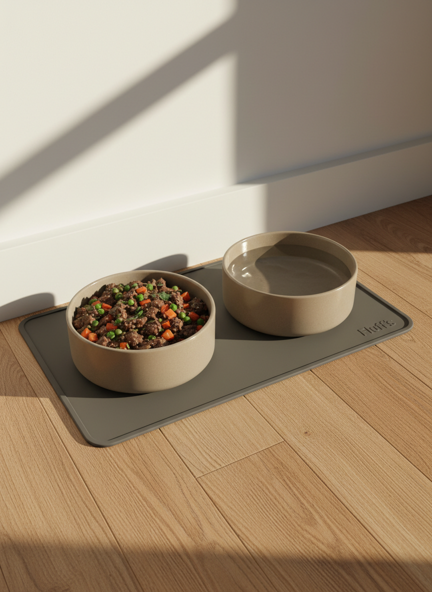 A tidy feeding nook featuring two modern ceramic dog bowls—one filled with Fluff’s moist, grain-free beef and vegetable medley, the other with fresh water—resting on a charcoal silicone mat embossed with a small Fluff’s logo. The setup is against a crisp white wall with a narrow baseboard, on warm light oak flooring. Late afternoon natural light streams in from the right, casting soft, elongated shadows and subtle highlights on the glossy ceramic surfaces. The camera frames the scene at floor level with a gentle wide-angle, emphasizing practicality and everyday convenience. Photographic realism and a calm, professional atmosphere make the space feel thoughtfully designed and easy to maintain.