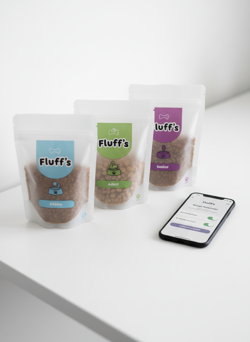 A close-up of a Fluff’s subscription plan lineup displayed on a pristine white desk surface: three neatly arranged meal pouches labeled “Puppy,” “Adult,” and “Senior,” each with distinct color accents and clear icons for portion size and dietary focus. Beside them lies a sleek smartphone showing a clean Fluff’s subscription management screen with toggles for delivery frequency. Soft, diffused overhead studio lighting creates minimal shadows and a bright, clinical clarity. Shot from a slightly elevated angle with shallow depth of field, the focus rests on the packaging details and phone screen while the edges gently blur. Photographic realism with a modern, tech-forward, yet warmly professional mood, emphasizing flexibility and control.