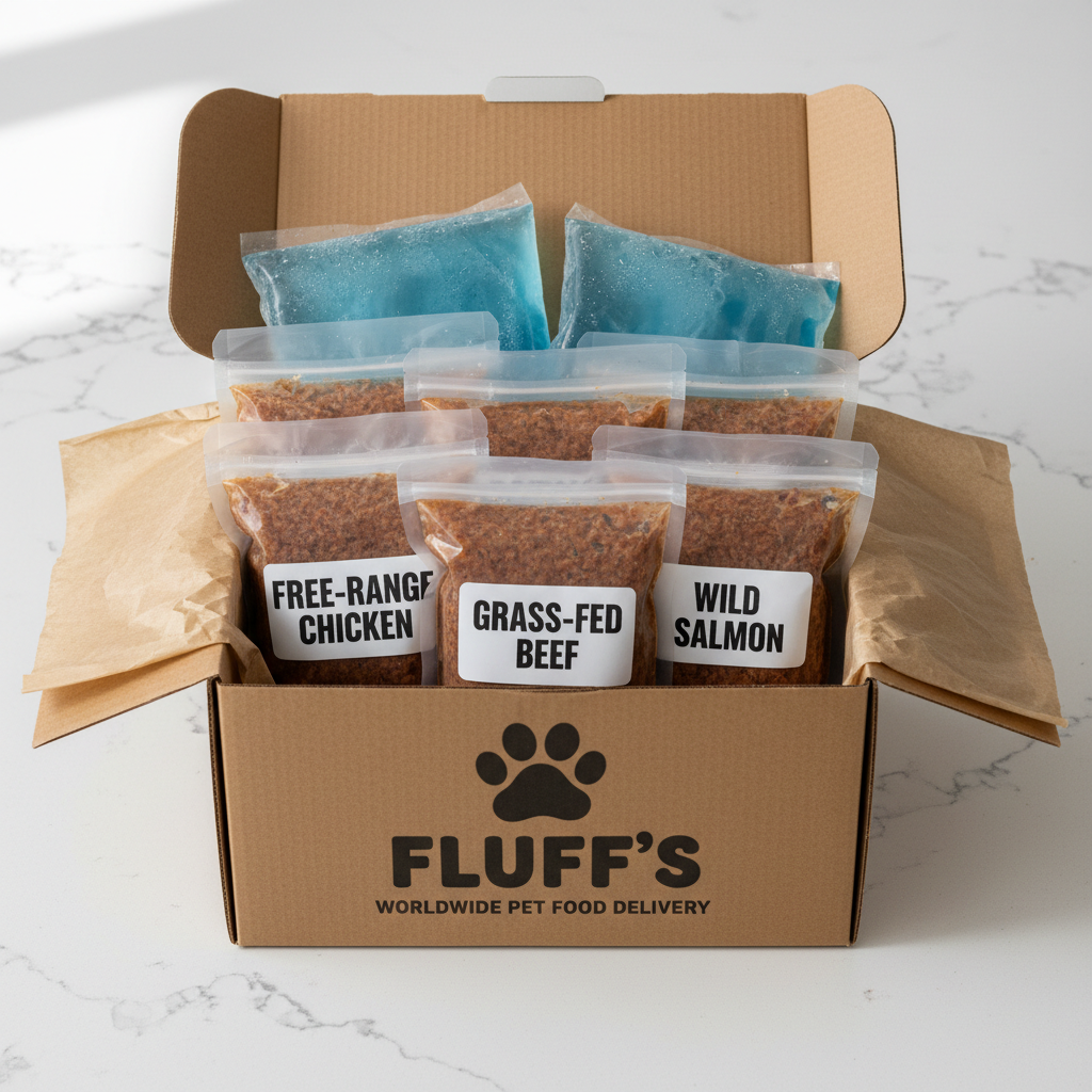 An open Fluff’s branded cardboard delivery box on a spotless white quartz countertop, neatly packed with vacuum-sealed pouches of grain-free dog meals labeled with bold, clear flavors like “Free-Range Chicken” and “Grass-Fed Beef.” Frosty gel ice packs and a thin layer of eco-friendly paper insulation are visible, emphasizing freshness. Cool, diffused daylight from a nearby window washes the scene, creating crisp, natural shadows and a professional, trustworthy mood. Captured from a top-down, bird’s-eye view with sharp focus throughout, photographic realism, and a minimalist, modern composition that highlights the convenience and care of worldwide dog food delivery.